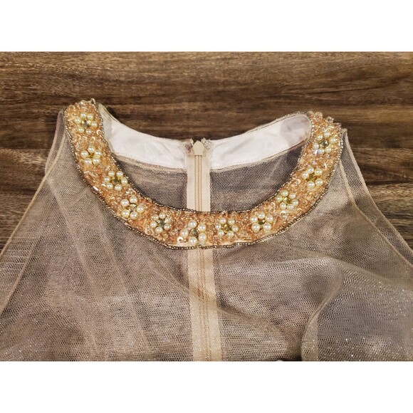 $628 David Meister Women Size 6 Sleeveless Illusion Peplum Gown Dress Gold Cream - Picture 4 of 9